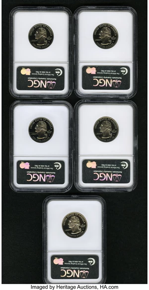 image for: 2000-S 25C South Carolina Clad PR 70 Deep Cameo NGC. Set includes (2)2000-S Massachusetts, and (2) 2000-S Virginia Statehoo... (Total: 5 coins)