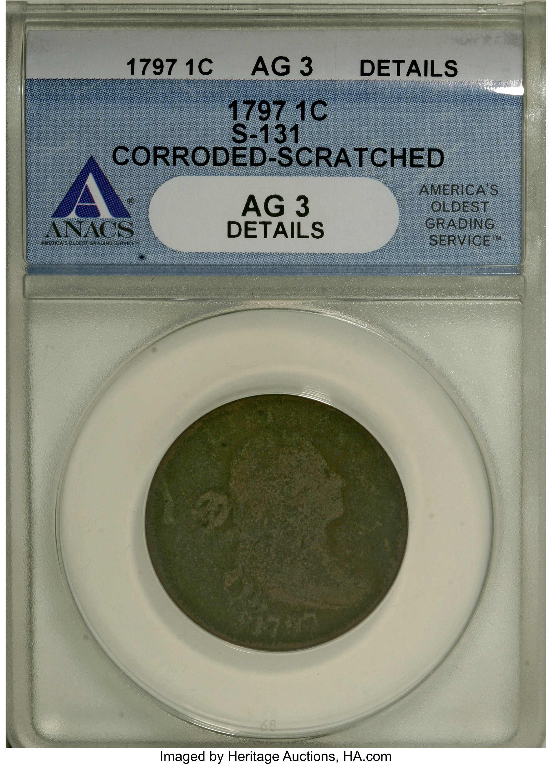 image for: 1797 1C Reverse of 1797, No Stems--Corroded, Scratched--ANACS. AG3 Details.  S-131. NGC Census: (0/9). PCGS Population (0/1...
