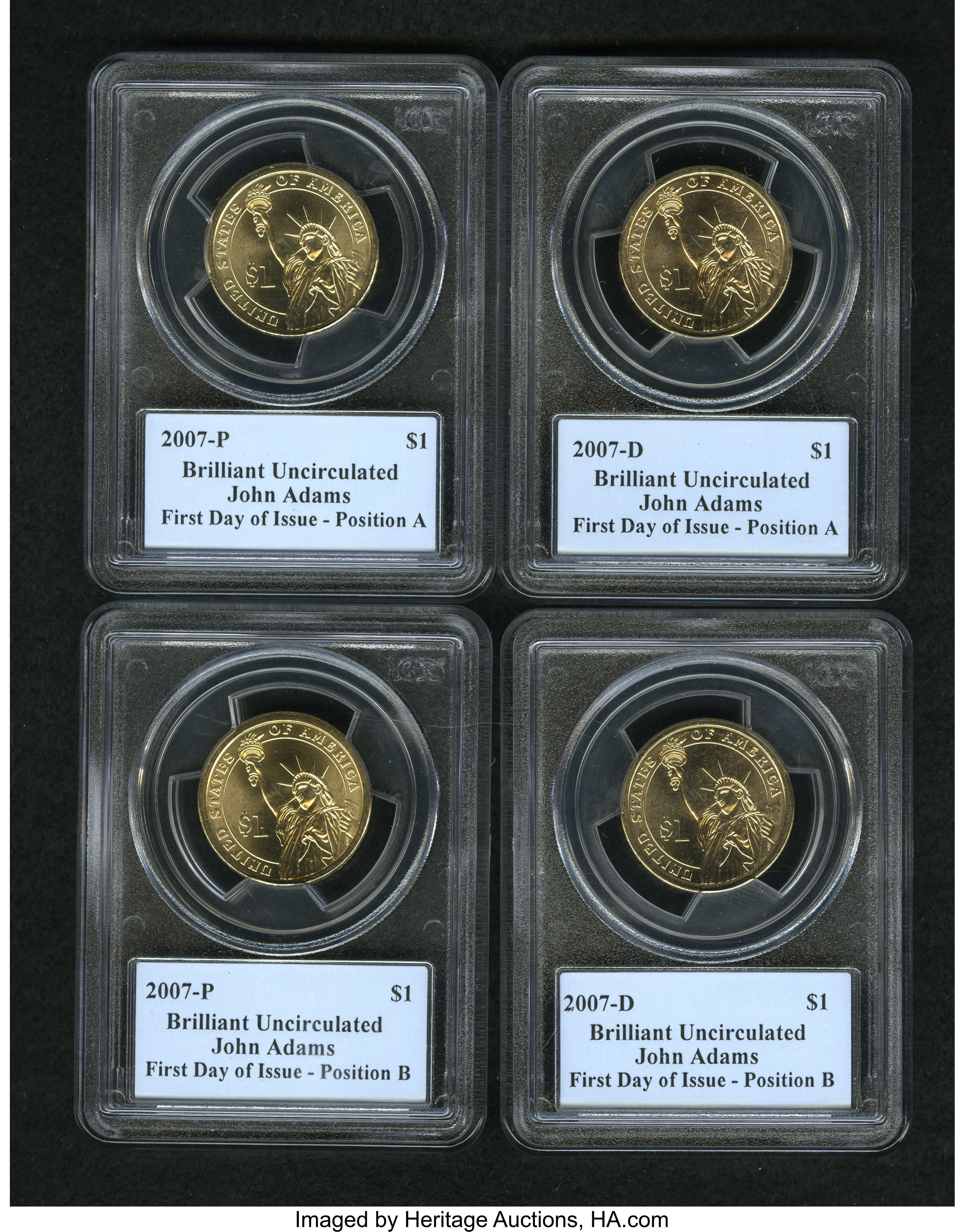 image for: 2007-P John Adams, Position A, Brilliant Uncirculated PCGS; 2007-P John Adams, Position B, Brilliant Uncirculated PCGS; 2007-D J... (Total: 4 coins)