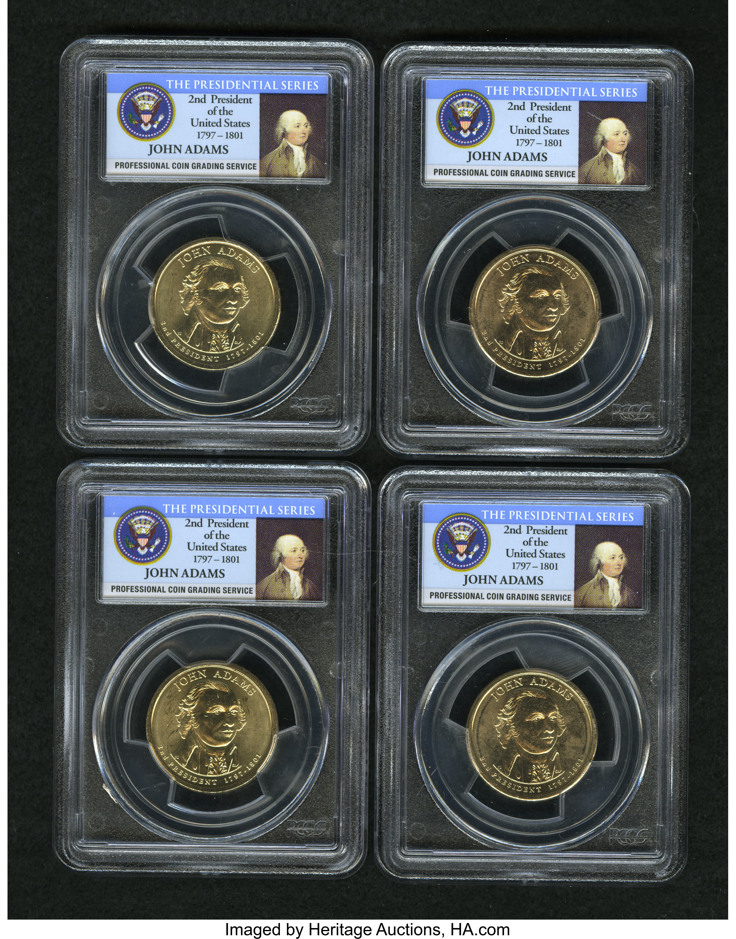 image for: 2007-P John Adams, Position A, Brilliant Uncirculated PCGS; 2007-P John Adams, Position B, Brilliant Uncirculated PCGS; 2007-D J... (Total: 4 coins)