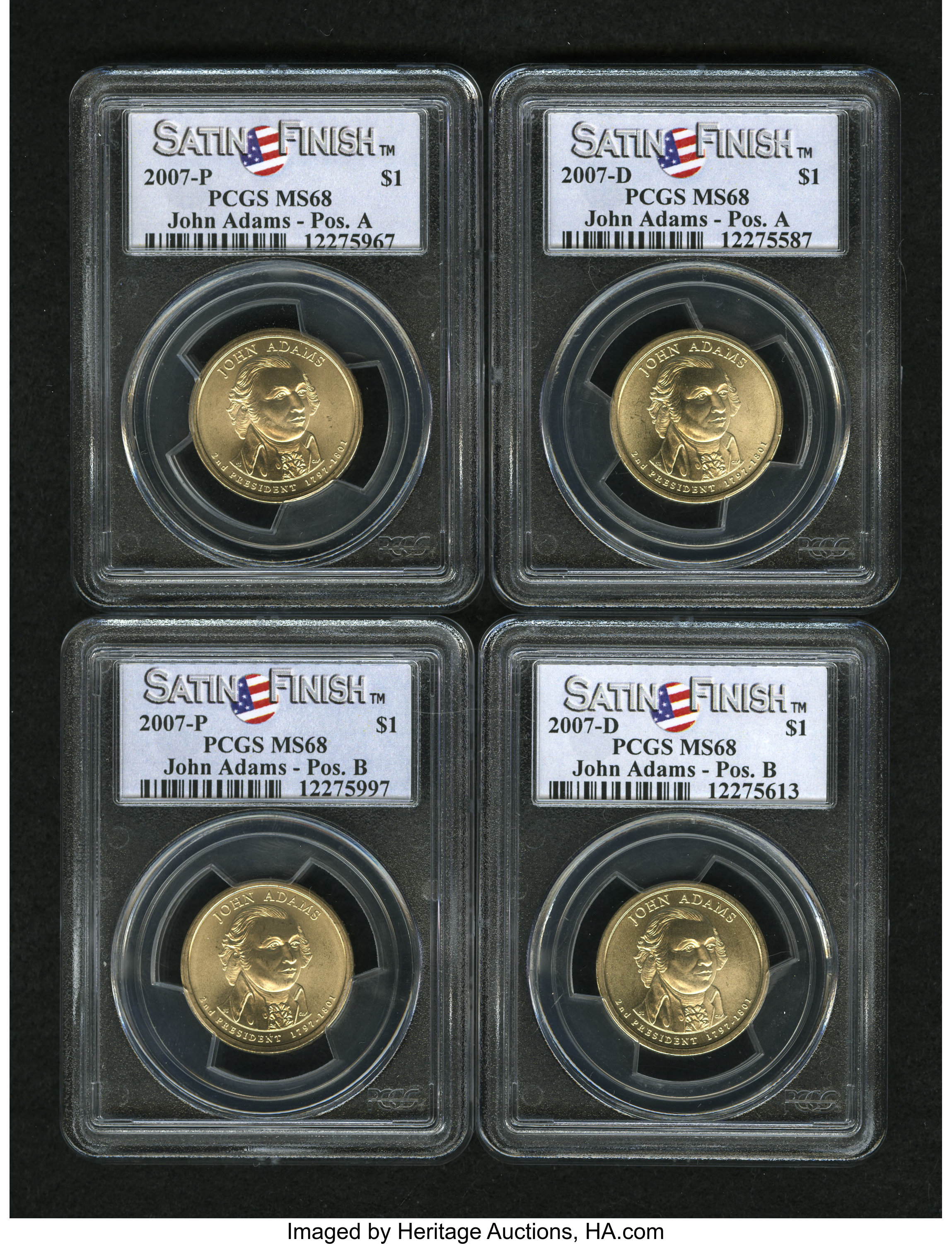 2007-P John Adams, Position A, Satin Finish MS68 PCGS; 2007-P John Adams, Position B, Satin Finish MS68 PCGS; 2007-D John Adams,... (Total: 4 coins)