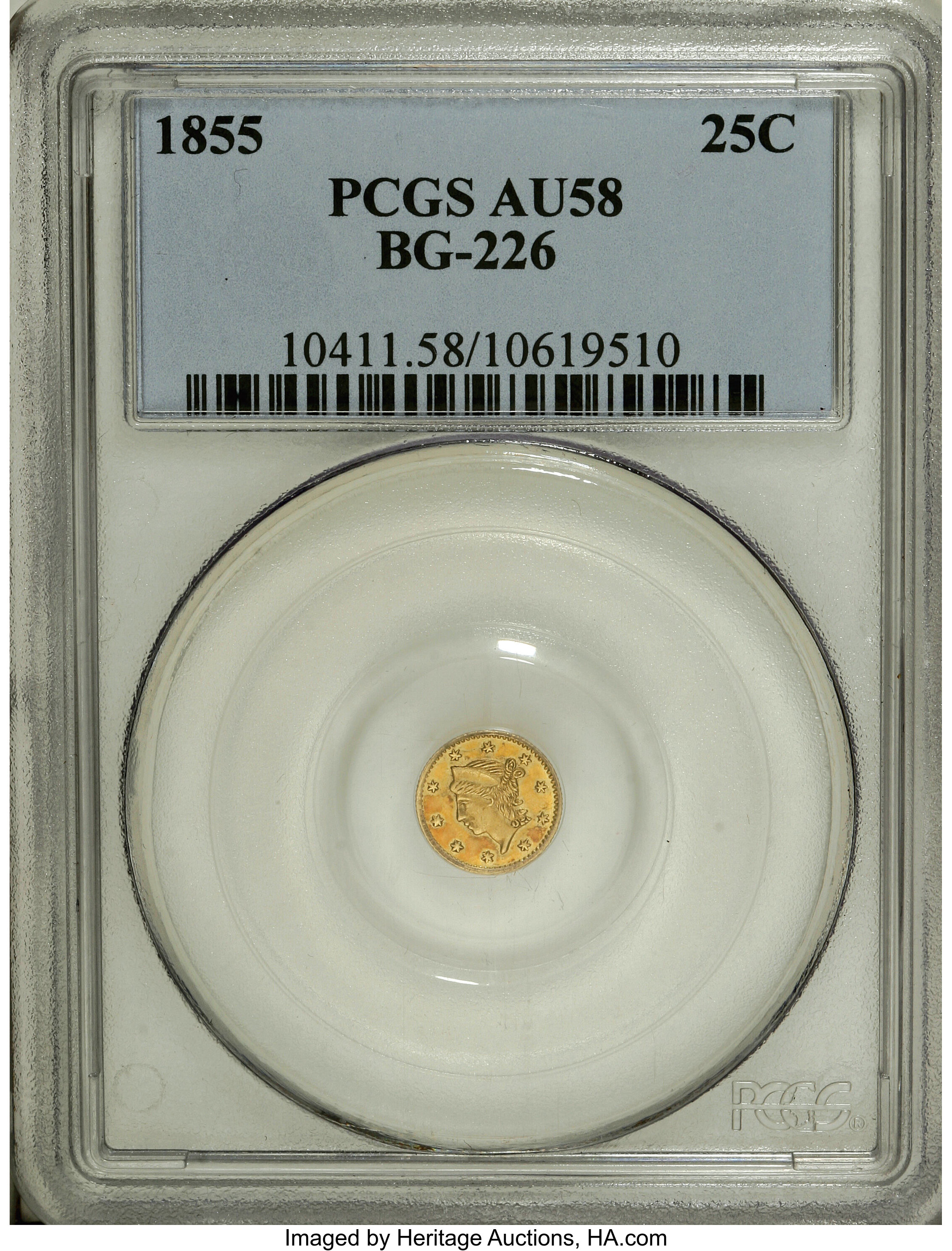 image for: 1855 25C Liberty Round 25 Cents, BG-226, R.5, AU58 PCGS. . PCGS Population (6/27). NGC Census: (0/0).   (#10411)...