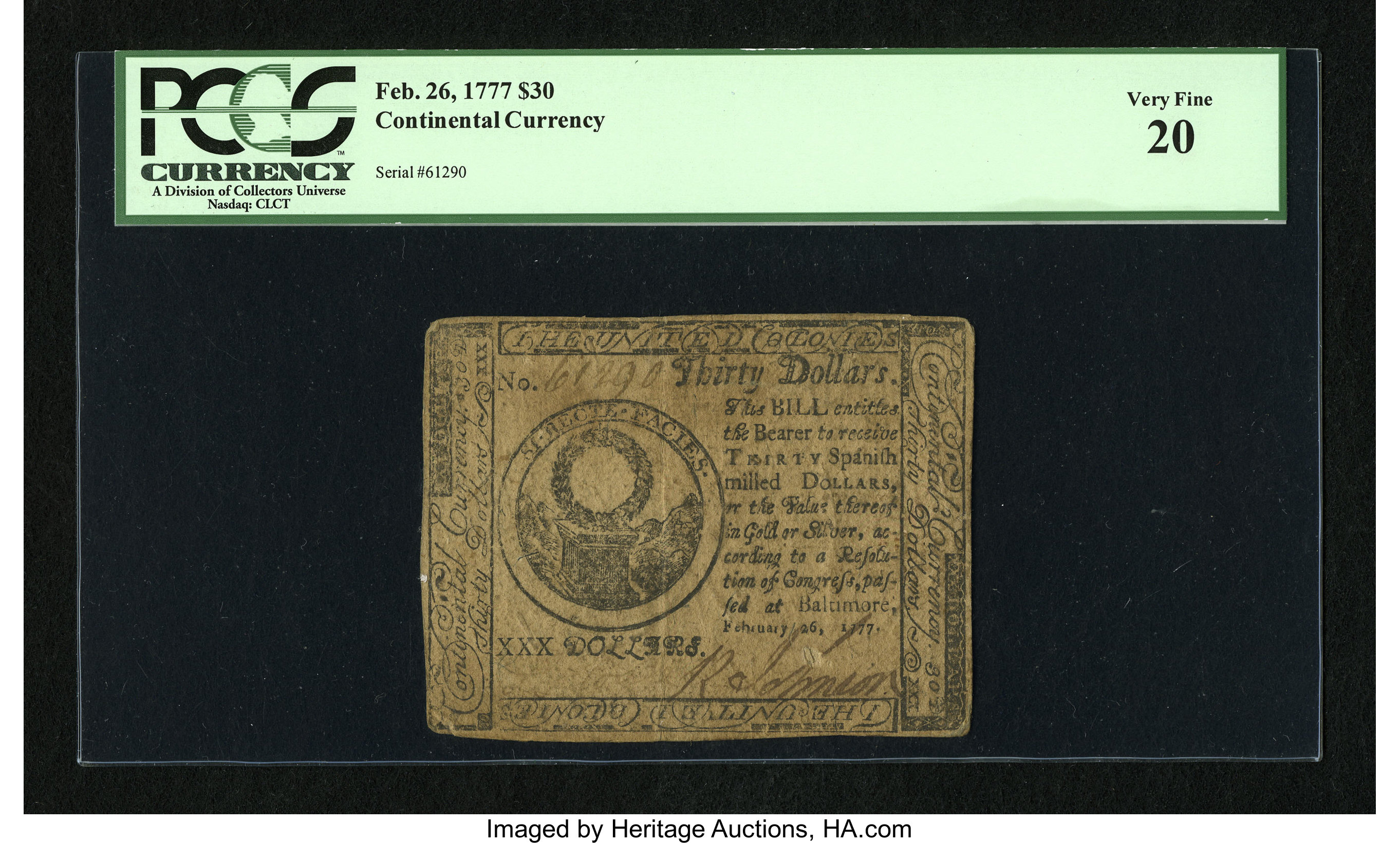 image for: Continental Currency February 26, 1777 $30 PCGS Very Fine 20....