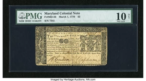 image for: Maryland March 1, 1770 $2 PMG Very Good 10 Net....