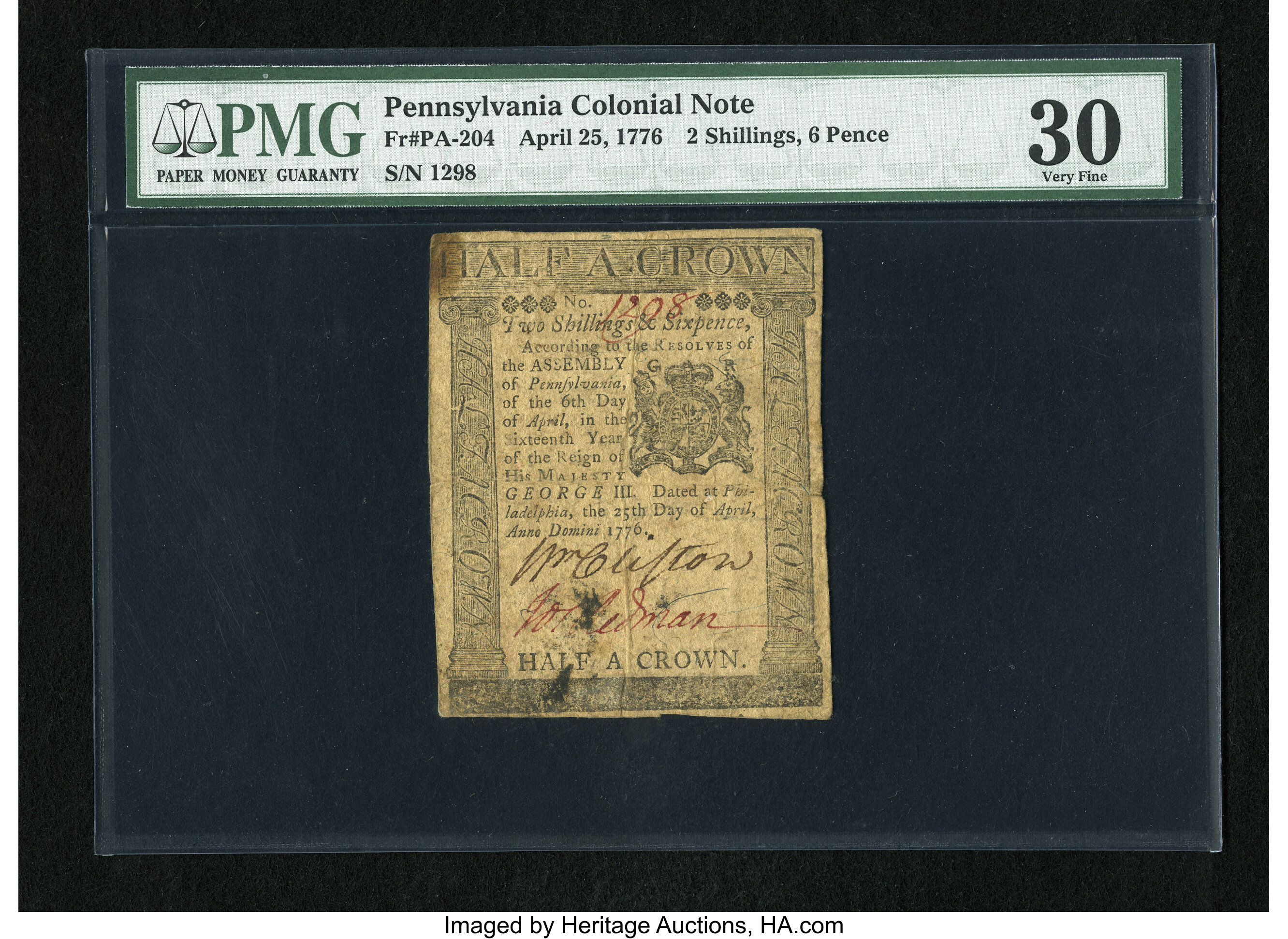 image for: Pennsylvania April 25, 1776 2s/6d PMG Very Fine 30....
