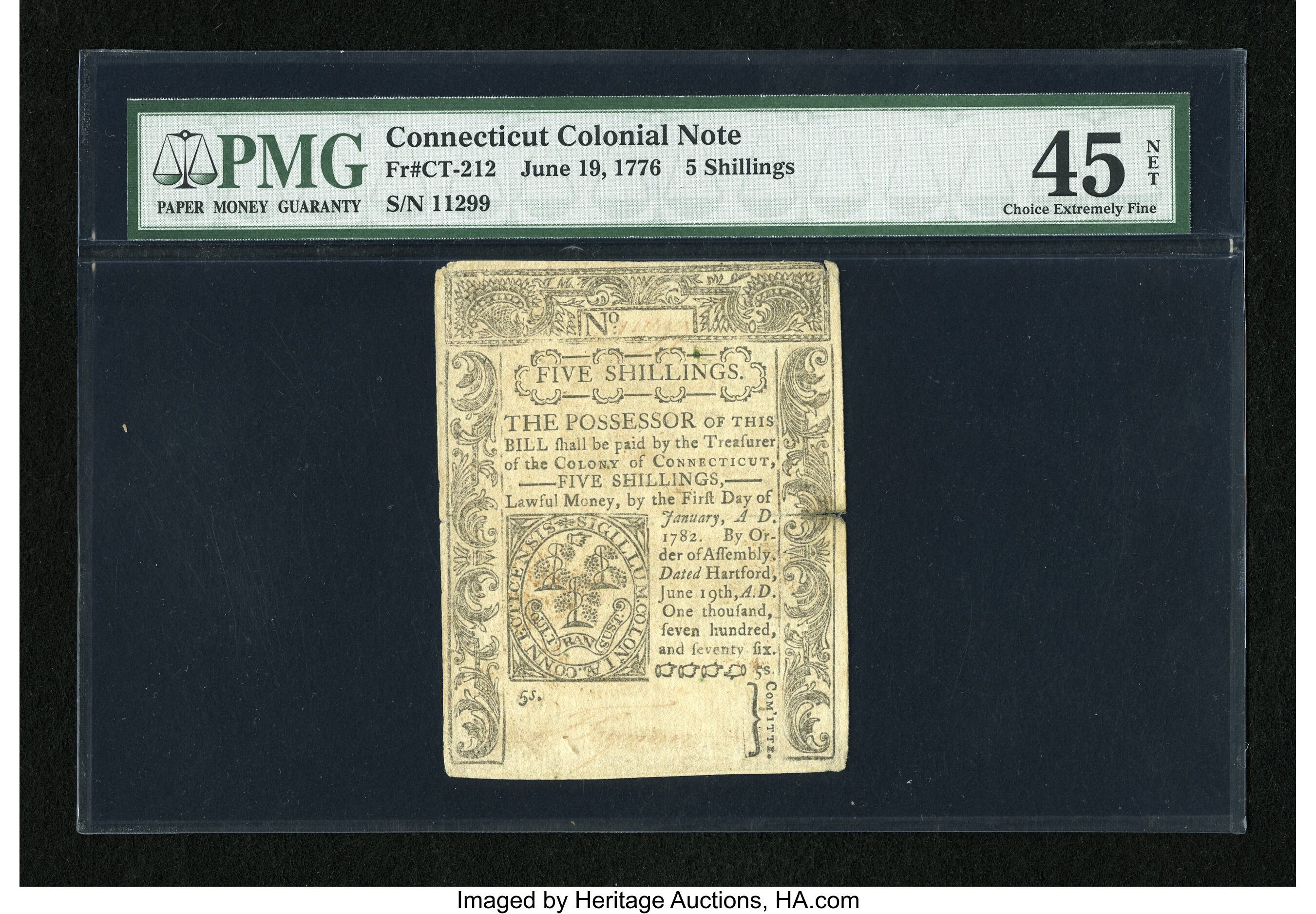 image for: Connecticut June 19, 1776 5s PMG Choice Extremely Fine 45 Net....