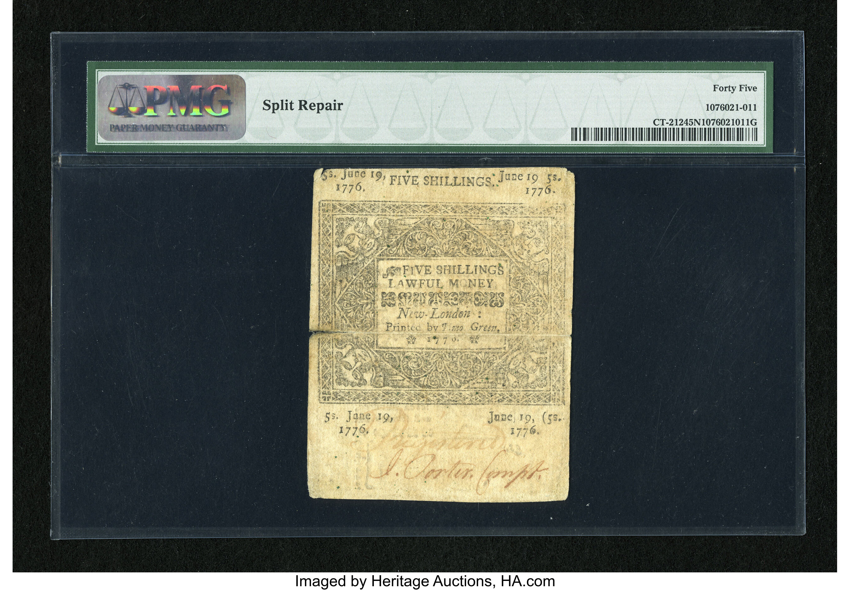 image for: Connecticut June 19, 1776 5s PMG Choice Extremely Fine 45 Net....