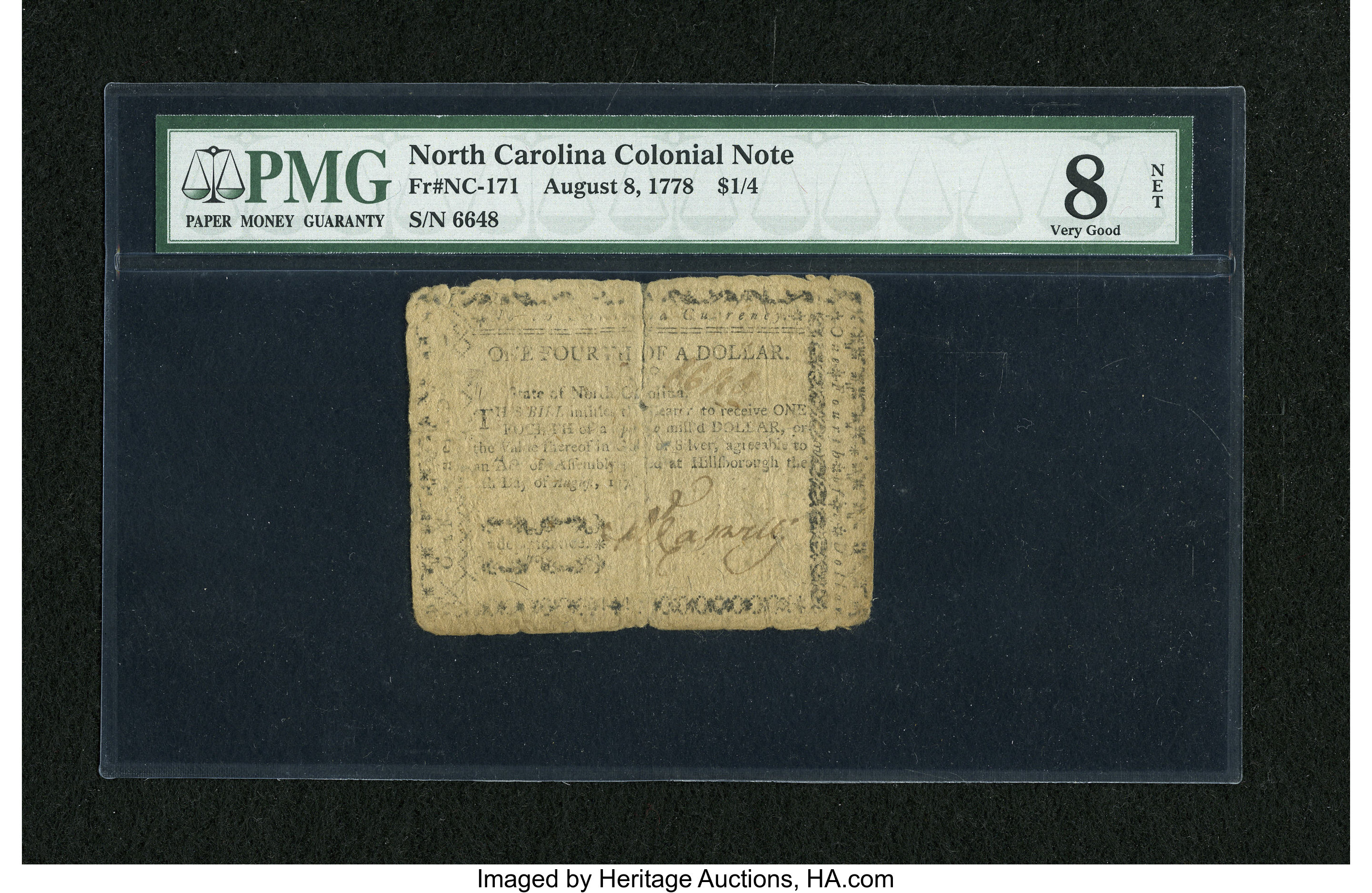 image for: North Carolina August 8, 1778 $1/4 PMG Very Good 8 Net....