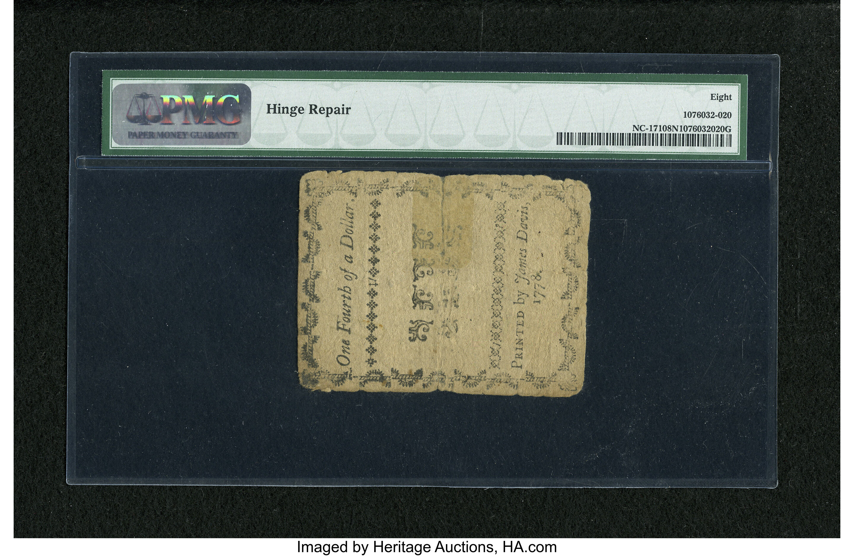 image for: North Carolina August 8, 1778 $1/4 PMG Very Good 8 Net....