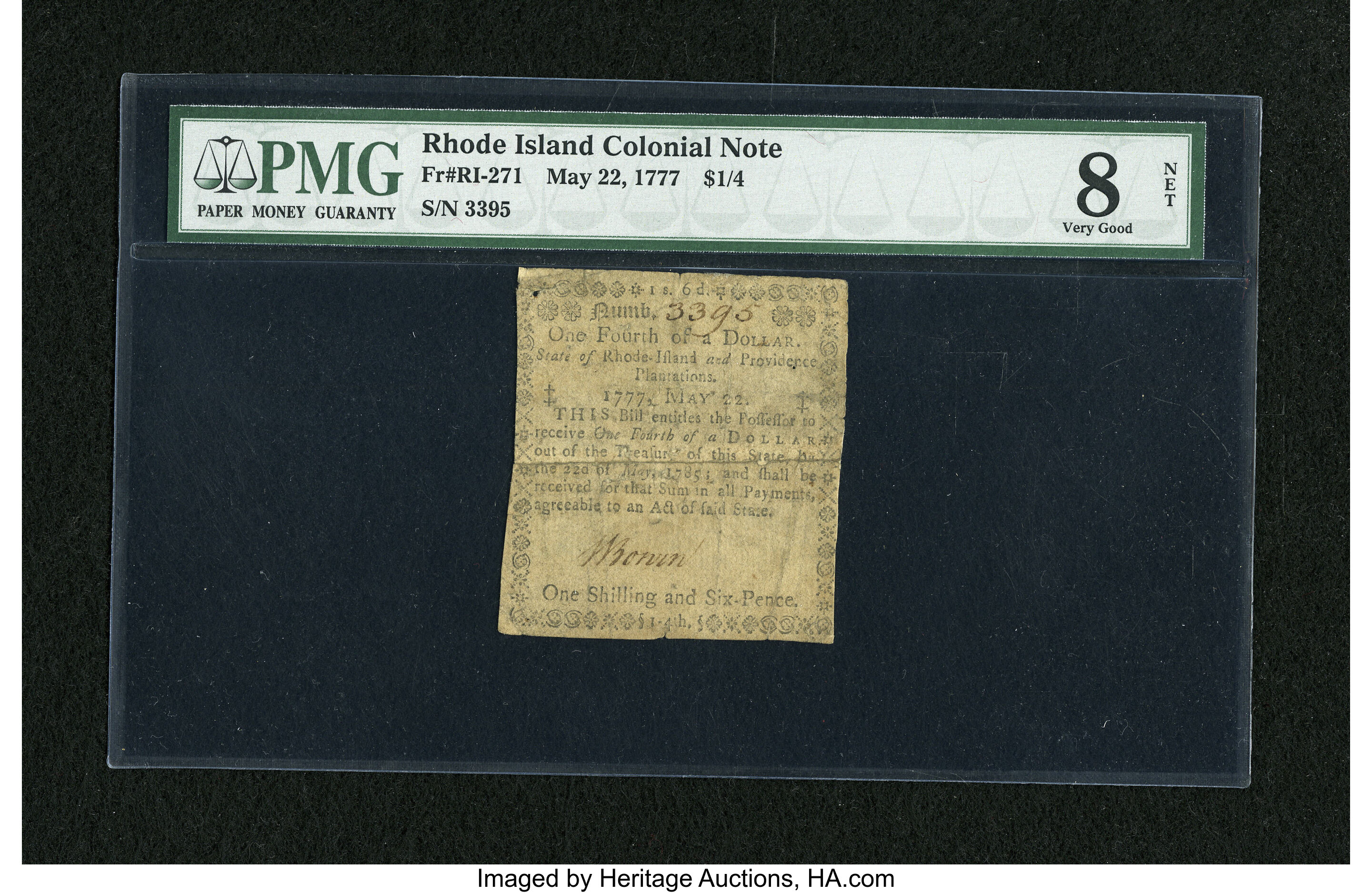 image for: Rhode Island May 22, 1777 $1/4 PMG Very Good Net 8....