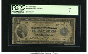 image for: Fr. 734 $1 1918 Federal Reserve Bank Note PCGS Good 06....