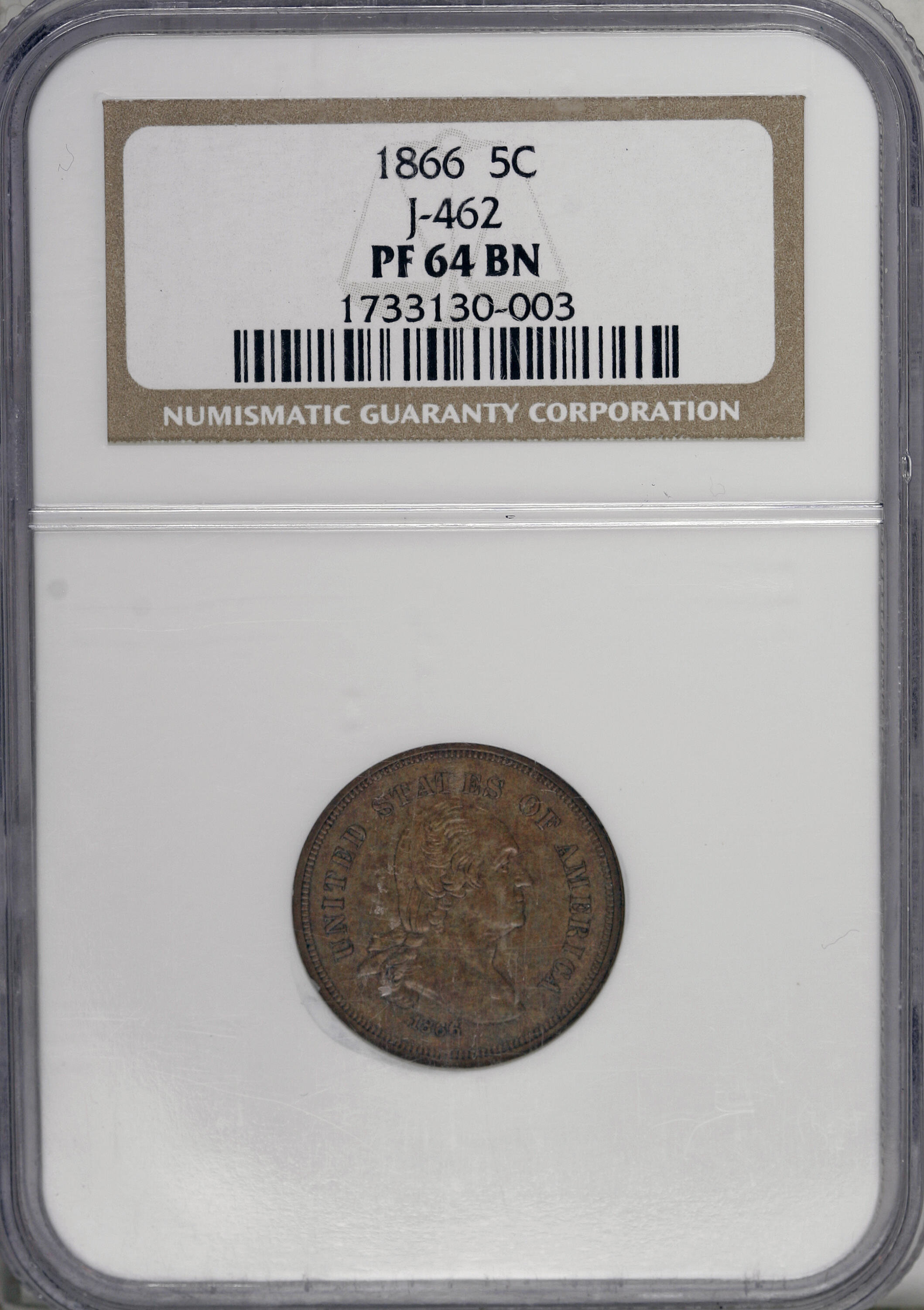image for: 1866 5C Five Cents, Judd-462, Pollock-536, Low R.7, PR64 Brown NGC. . NGC Census: (3/0). PCGS Population (0/1).   (#60657)...