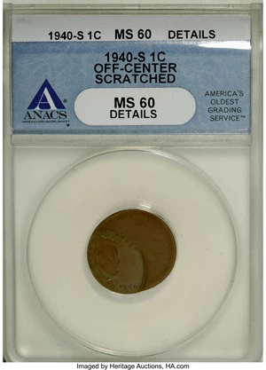 image for: 1940-S 1C Lincoln Cent--Off Center ,Scratched--ANACS. MS60 Details. ...