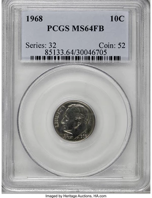 image for: 1968 10C MS64 Full Bands PCGS. . PCGS Population (14/38). NGC Census: (0/0). Mintage: 424,470,400. (#85133)...