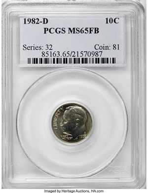 image for: 1982-D 10C MS65 Full Bands PCGS. . PCGS Population (9/19). NGC Census: (0/0). Mintage: 542,713,600. (#85163)...