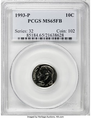 image for: 1993-P 10C MS65 Full Bands PCGS. . PCGS Population (3/17). NGC Census: (0/0). Mintage: 766,179,968. (#85184)...
