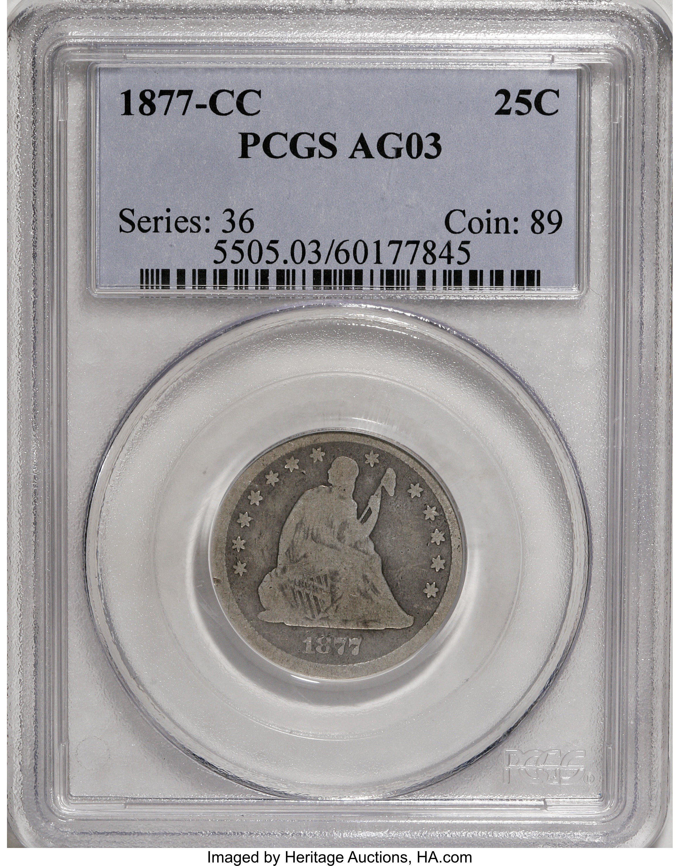 1877-CC 25C AG3 PCGS. . PCGS Population (5/404). NGC Census: (0/339). Mintage: 4,192,000. Numismedia Wsl. Price for NGC/PCG...