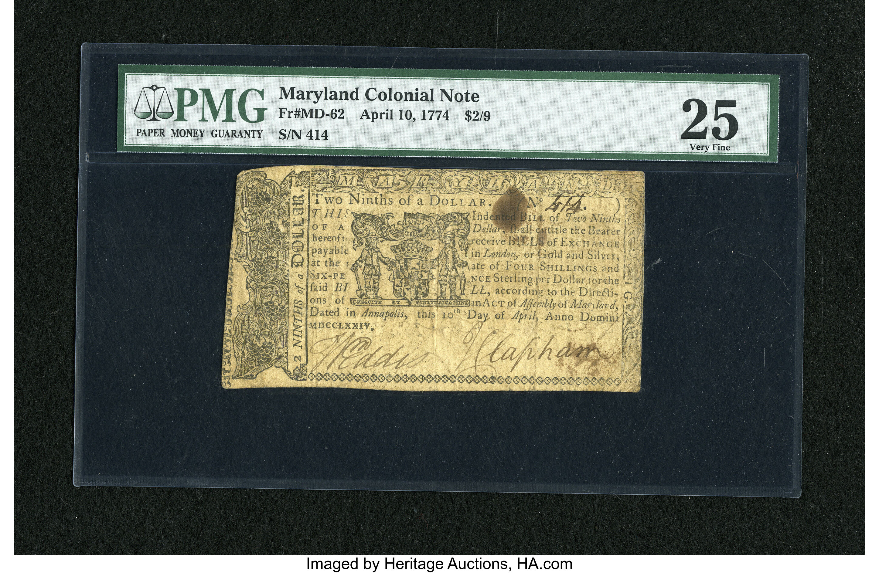 image for: Maryland April 10, 1774 $2/9 PMG Very Fine 25....