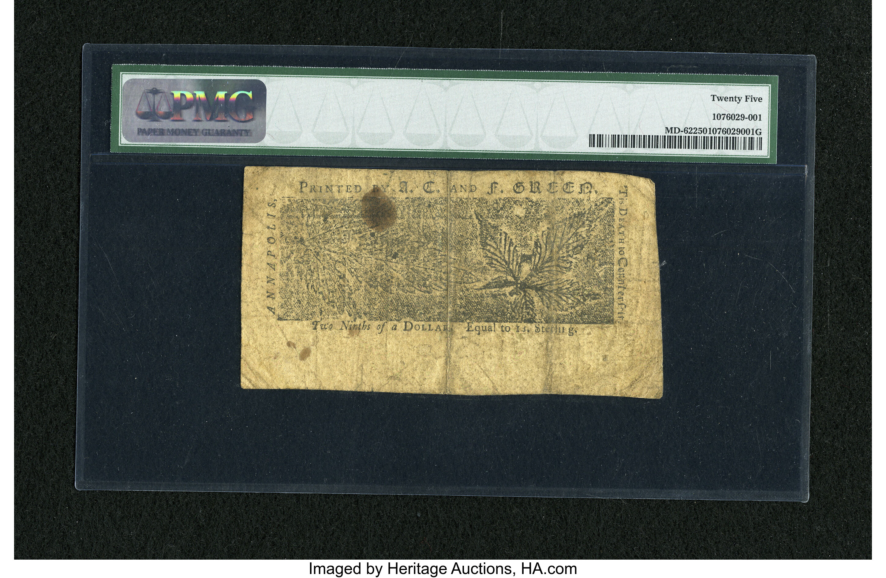image for: Maryland April 10, 1774 $2/9 PMG Very Fine 25....