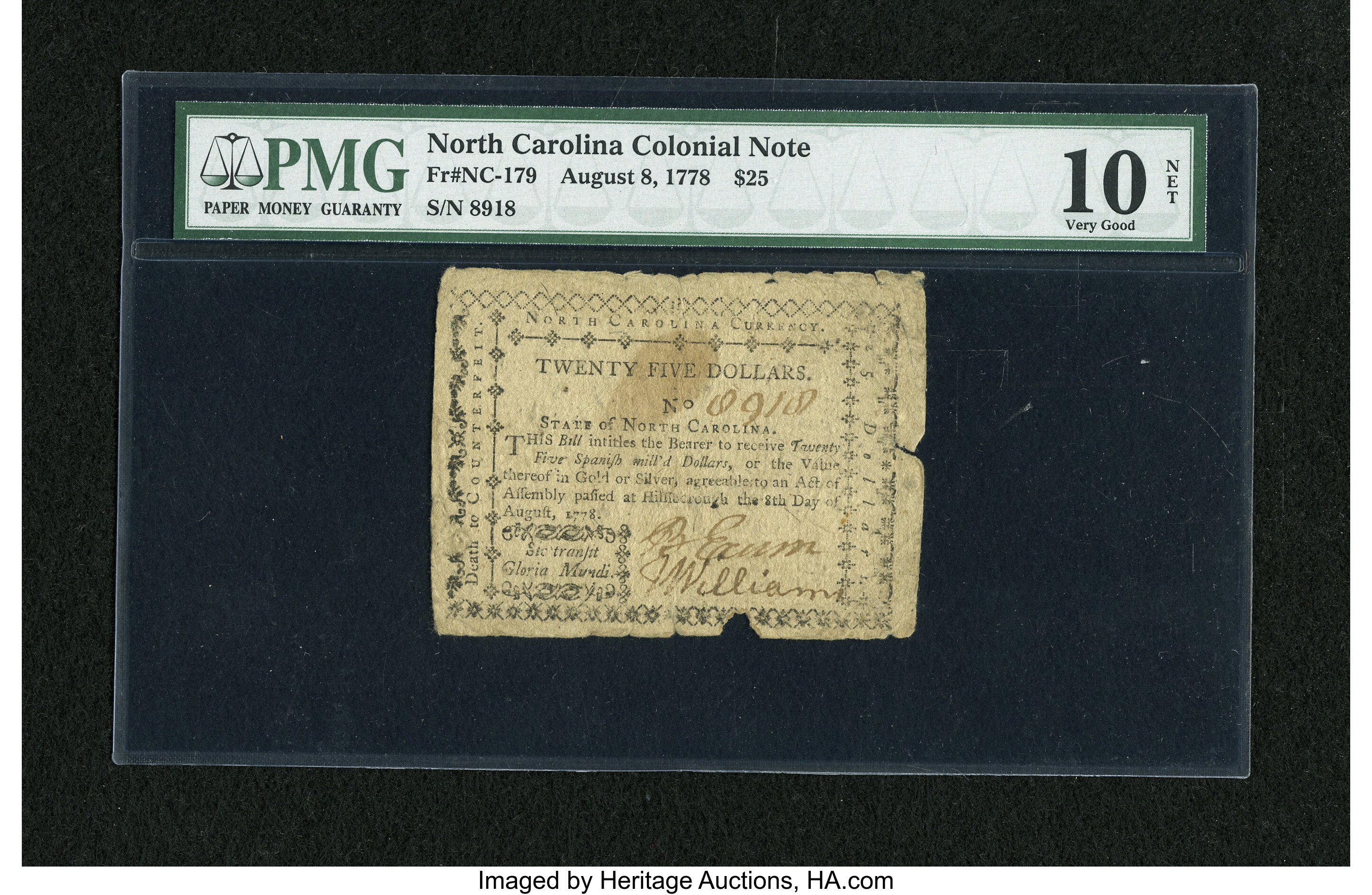 image for: North Carolina August 8, 1778 $25 PMG Very Good 10 Net....