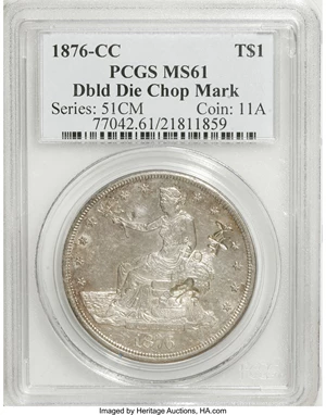 image for: 1876-CC $1 Doubled Die Reverse--Chop Mark--MS61 PCGS....