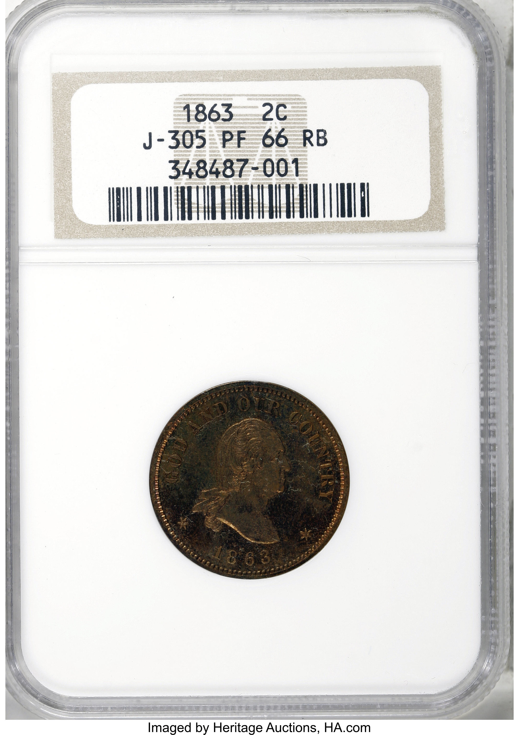 image for: 1863 2C Two Cents, Judd-305, Pollock-370, R.4, PR66 Red and Brown NGC....
