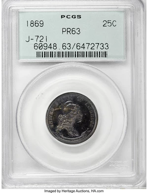 image for: 1869 25C Standard Silver Quarter Dollar, Judd-721, Pollock-802, R.5, PR63 PCGS....