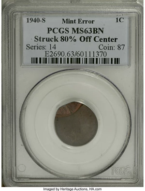 image for: 1940-S 1C Lincoln Cent--80% Off Center--MS63 Brown PCGS....