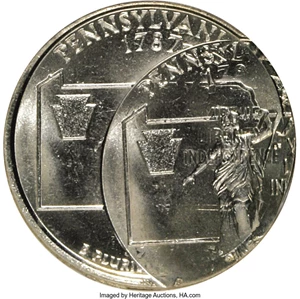 image for: 1999-P 25C Pennsylvania Statehood Quarter--Double Struck, 2nd Strike 35% Off Center--MS67 NGC. ...
