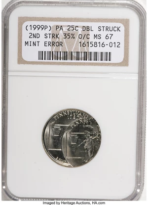 image for: 1999-P 25C Pennsylvania Statehood Quarter--Double Struck, 2nd Strike 35% Off Center--MS67 NGC. ...