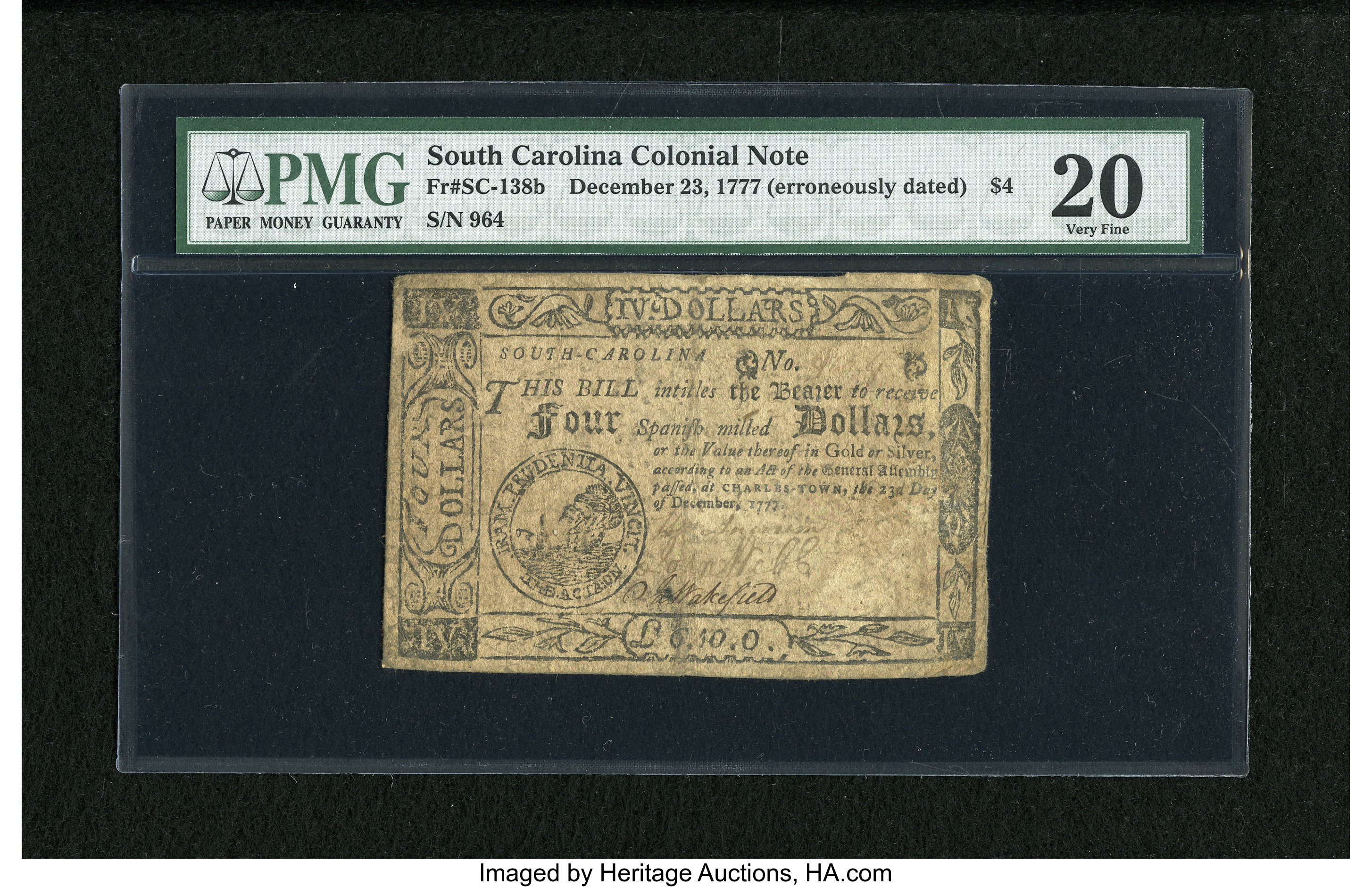 image for: South Carolina December 23, 1777 (erroneously dated) $4 PMG Very Fine 20....