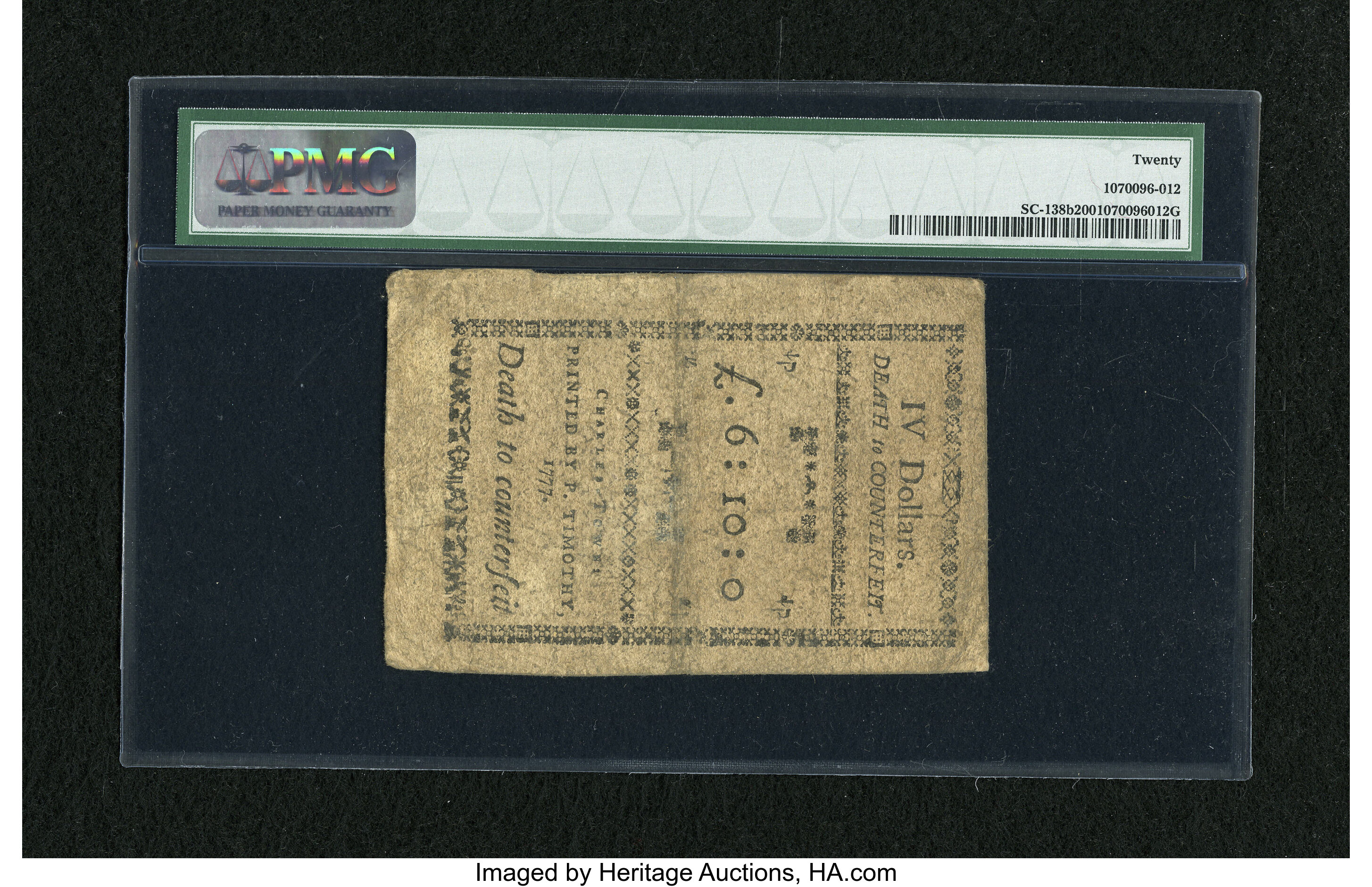 image for: South Carolina December 23, 1777 (erroneously dated) $4 PMG Very Fine 20....
