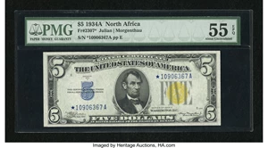 image for: Fr. 2307* $5 1934A North Africa Silver Certificate. PMG About Uncirculated 55 EPQ....