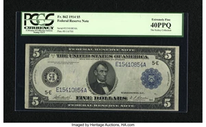 image for: Fr. 862 $5 1914 Federal Reserve Note PCGS Extremely Fine 40PPQ....