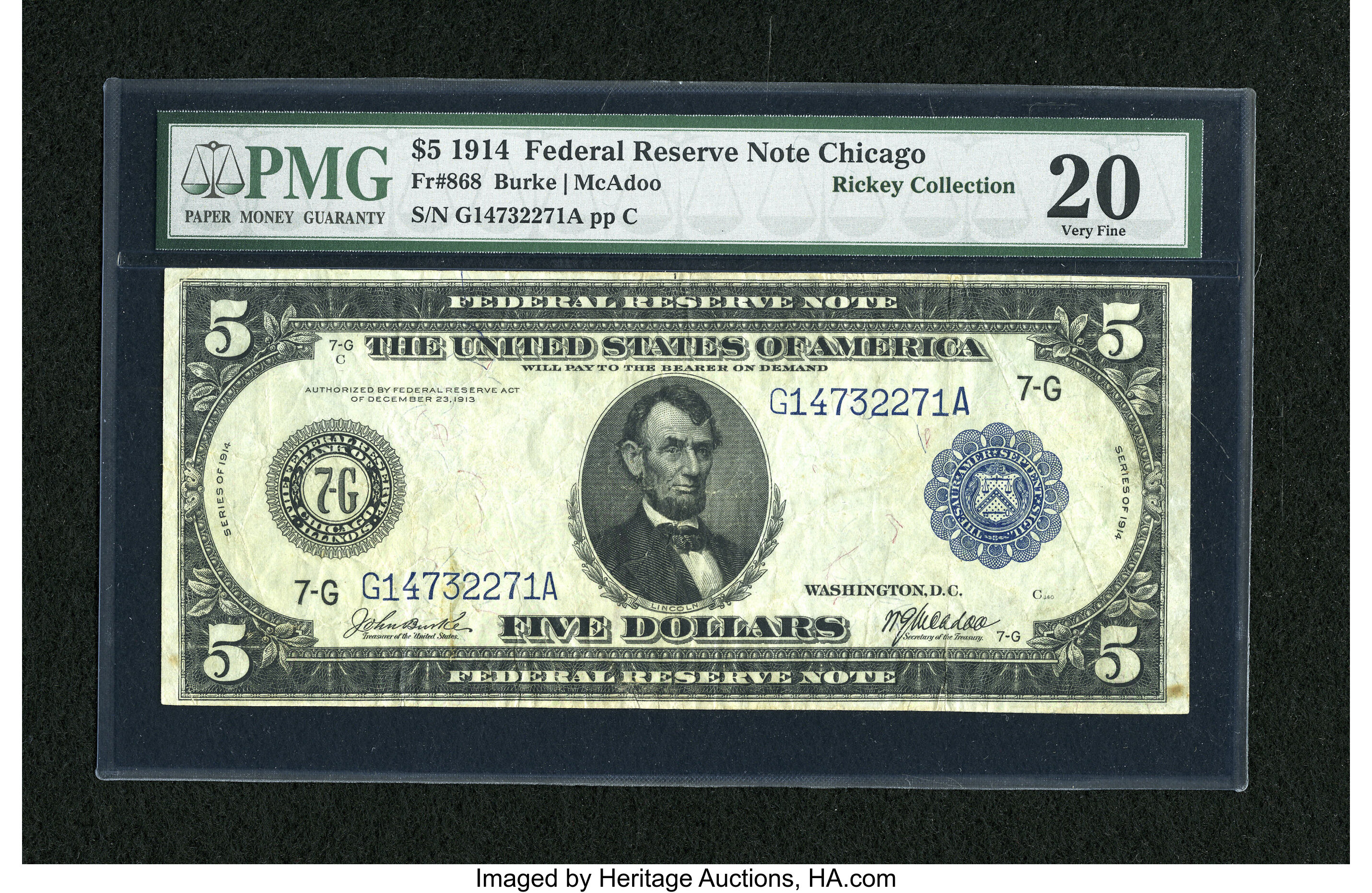 image for: Fr. 868 $5 1914 Federal Reserve Note PMG Very Fine 20....