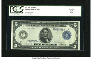 image for: Fr. 876 $5 1914 Federal Reserve Note PCGS Very Fine 20....