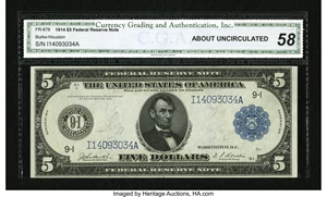 image for: Fr. 878 $5 1914 Federal Reserve Note CGA About Uncirculated 58....