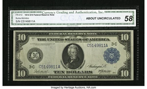 image for: Fr. 912 $10 1914 Federal Reserve Note CGA About Uncirculated 58....