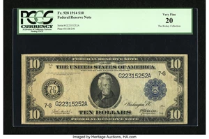image for: Fr. 928 $10 1914 Federal Reserve Note PCGS Very Fine 20....