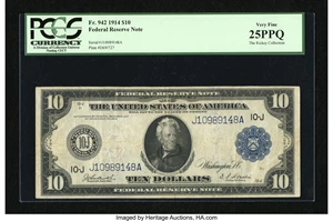 image for: Fr. 942 $10 1914 Federal Reserve Note PCGS Very Fine 25PPQ....