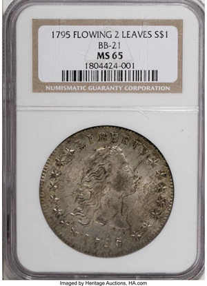 image for: 1795 $1 Flowing Hair, Two Leaves MS65 NGC....