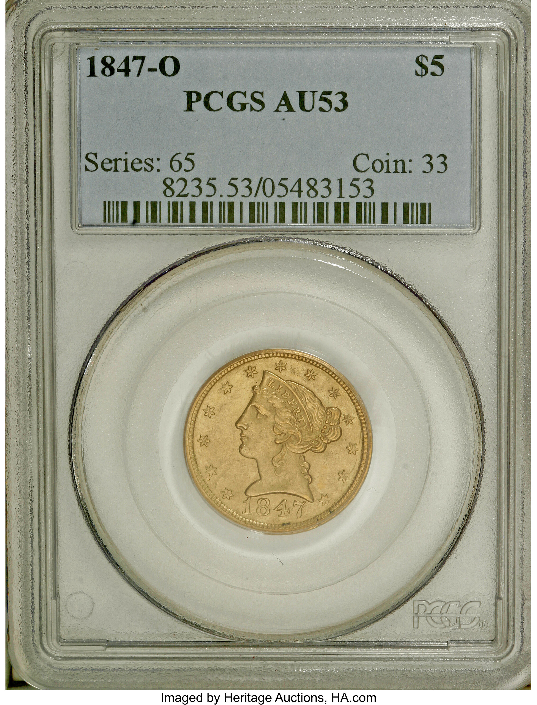 image for: 1847-O $5 AU53 PCGS....
