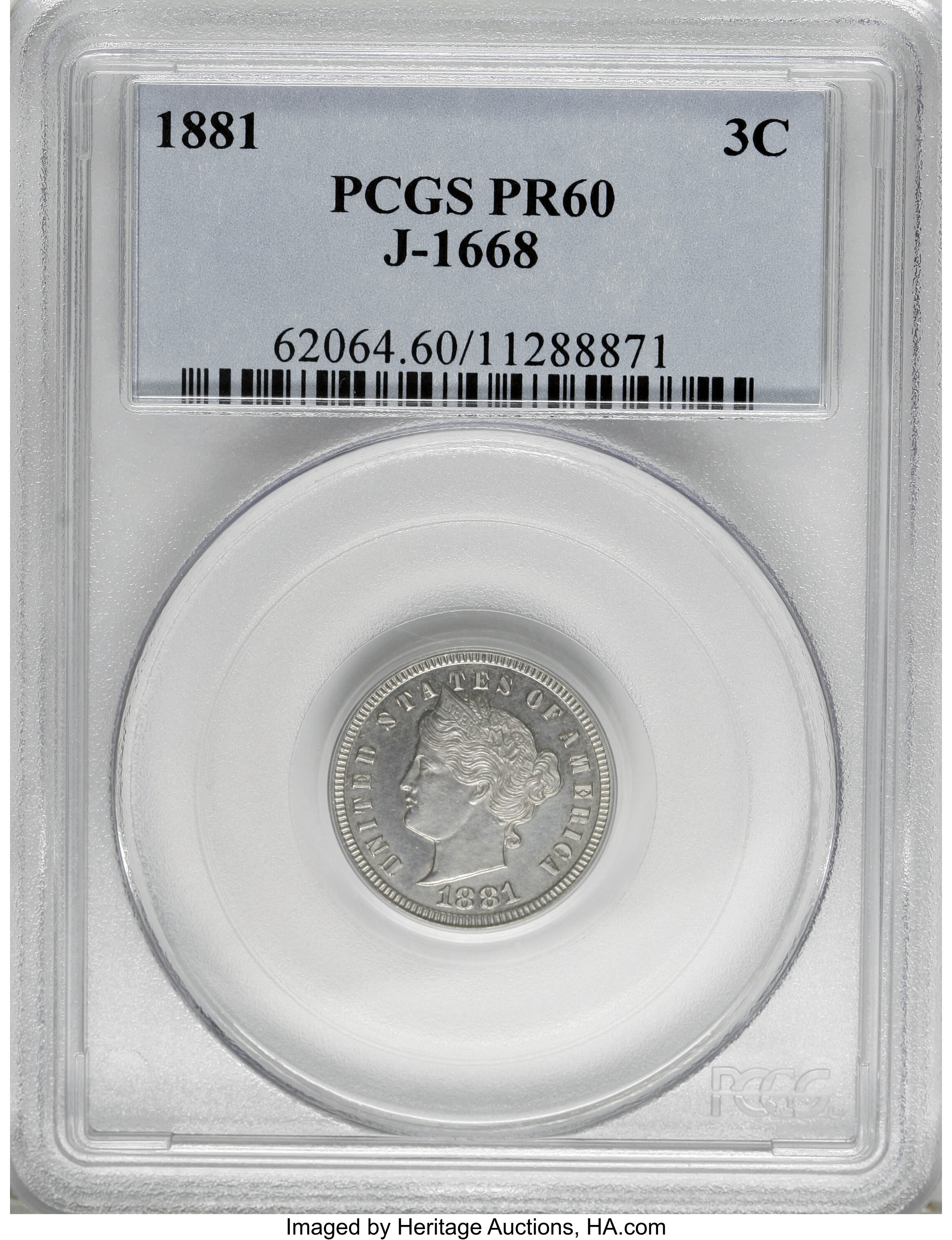 image for: 1881 3C Liberty Head Three Cents, Judd-1668, Pollock-1869, High R.6, PR60 PCGS....