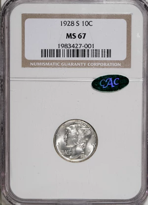 image for: 1928-S 10C MS67 NGC. CAC....
