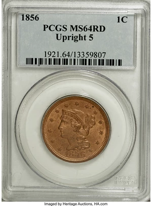 image for: 1856 1C Upright 5 MS64 Red PCGS....