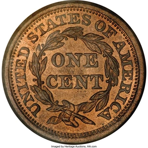 image for: 1856 1C Upright 5 MS65 Red NGC....