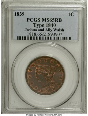 image for: 1839 1C Type of 1840 MS65 Red and Brown PCGS....