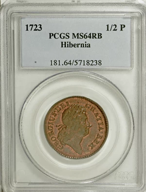 image for: 1723 1/2P Hibernia Halfpenny MS64 Red and Brown PCGS....