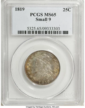 image for: 1819 25C Small 9 MS65 PCGS....