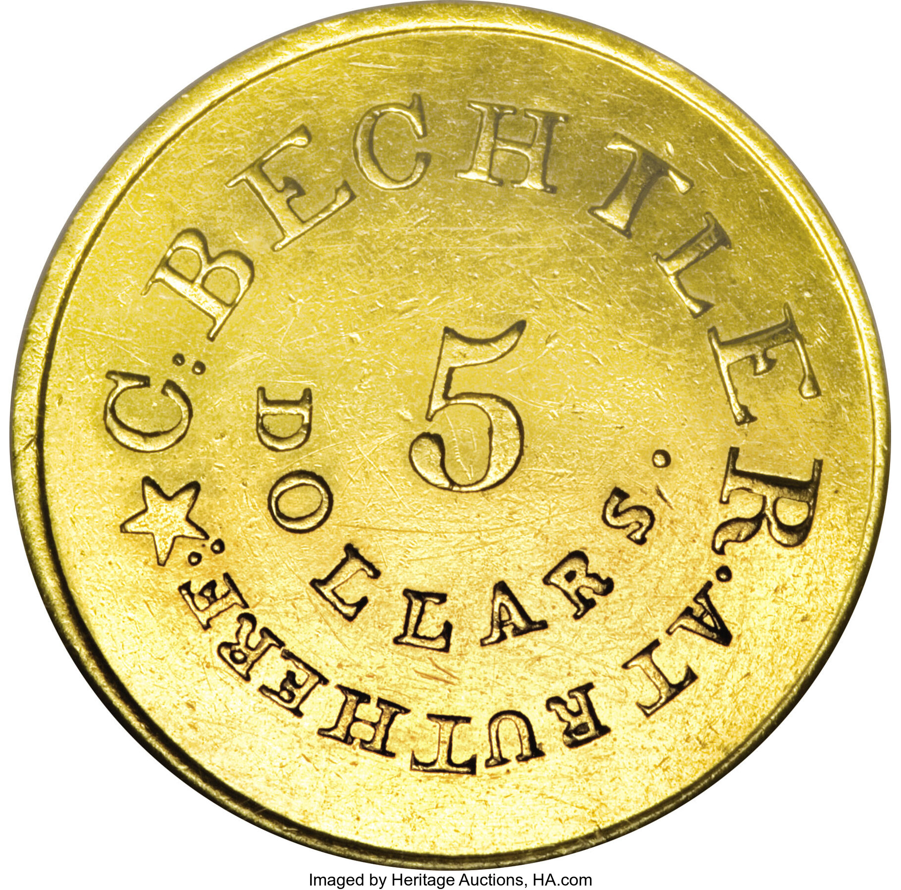 image for: (1834-37) $5 C. Bechtler Five Dollar, RUTHERF: MS61 NGC....